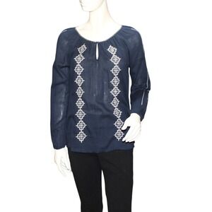 Unbranded Navy Blue Embroidered Cotton Peasant Top Long Sleeve Boho S